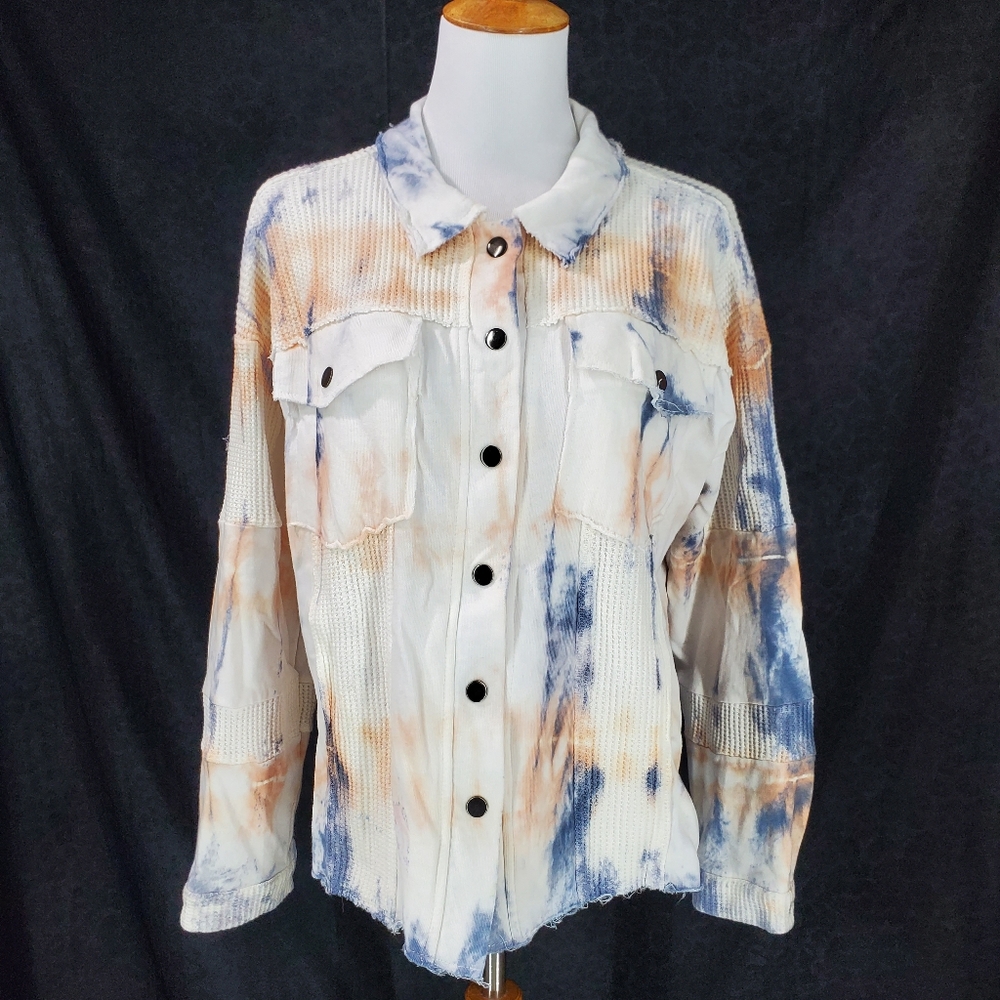 POL Tie-Dye Button Front Jacket in White, Blue & Tan